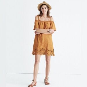 Madewell Eyelet Embroidered Cold-Shoulder Cotton Dress Golden Pecan Size Large